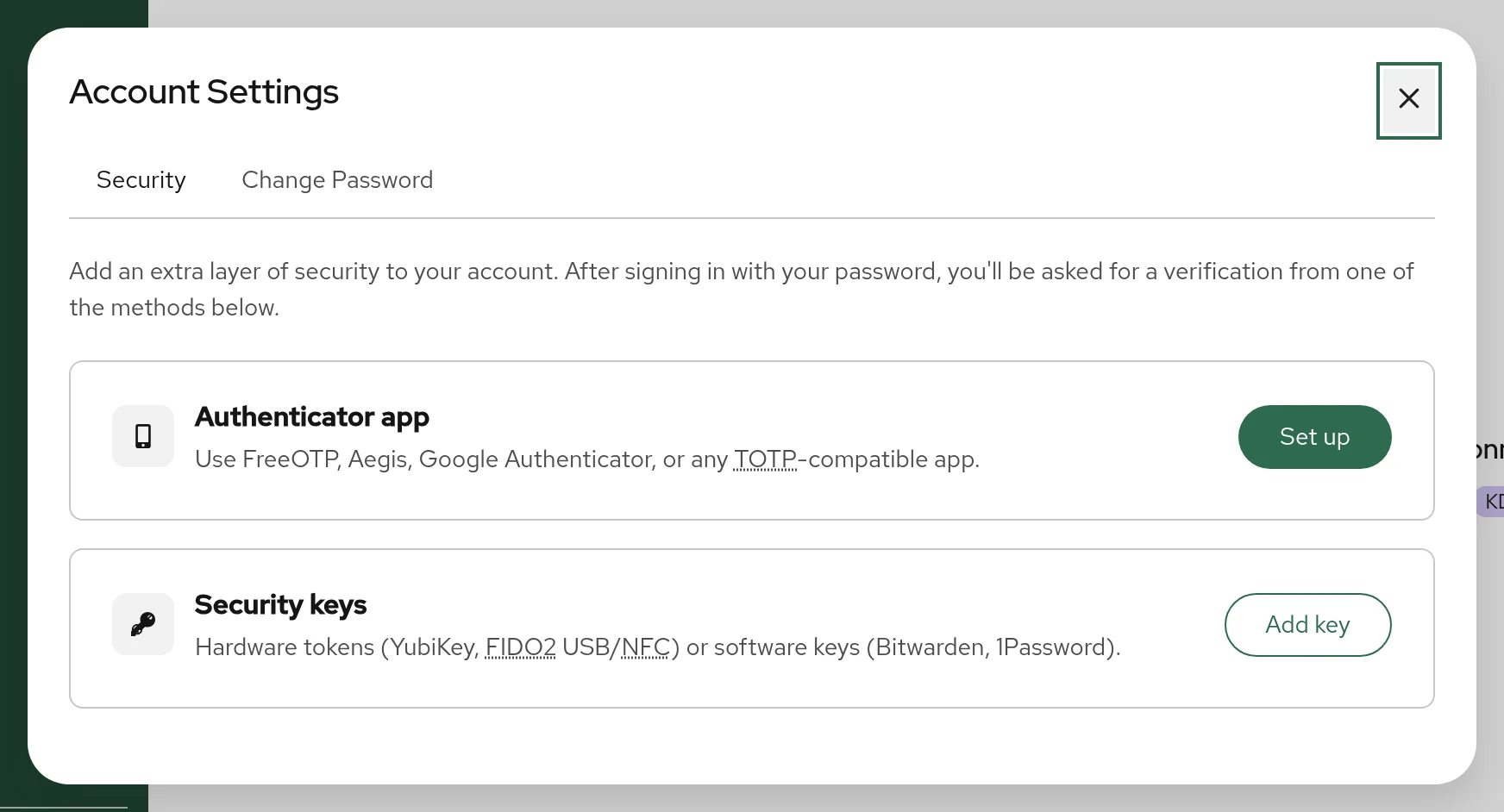 Account Settings dialog, Security tab, with the Authenticator app and Security keys sections