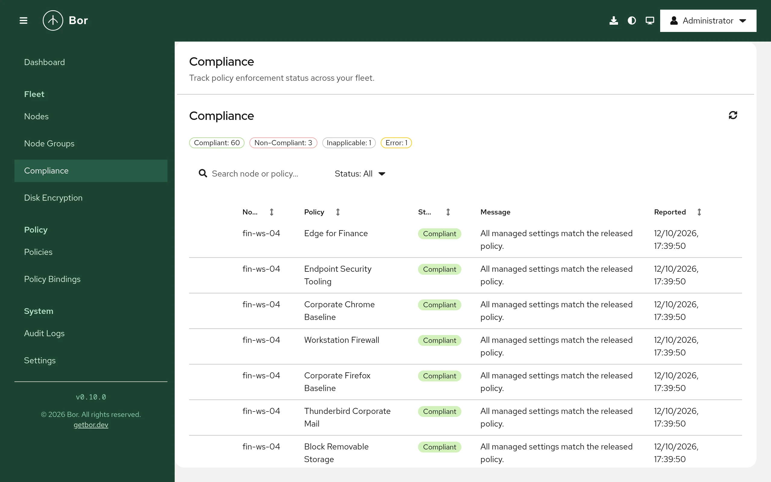 Compliance page with status counters (compliant, non-compliant, inapplicable, error), search and status filter, and per-node, per-policy results with messages