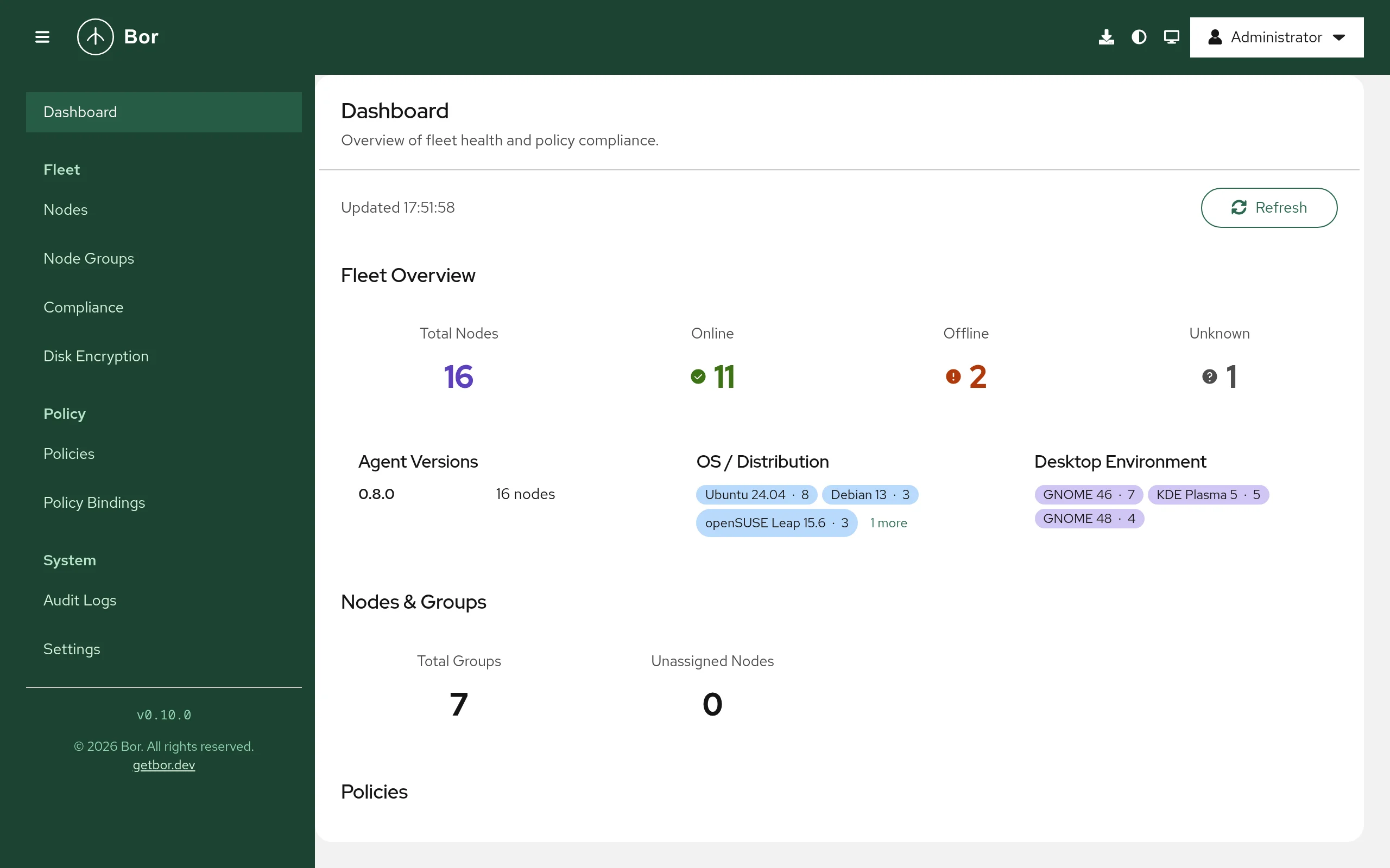 Dashboard with the Fleet Overview (16 nodes: 11 online, 2 offline, 1 unknown), agent versions, operating systems, desktop environments and node group counts
