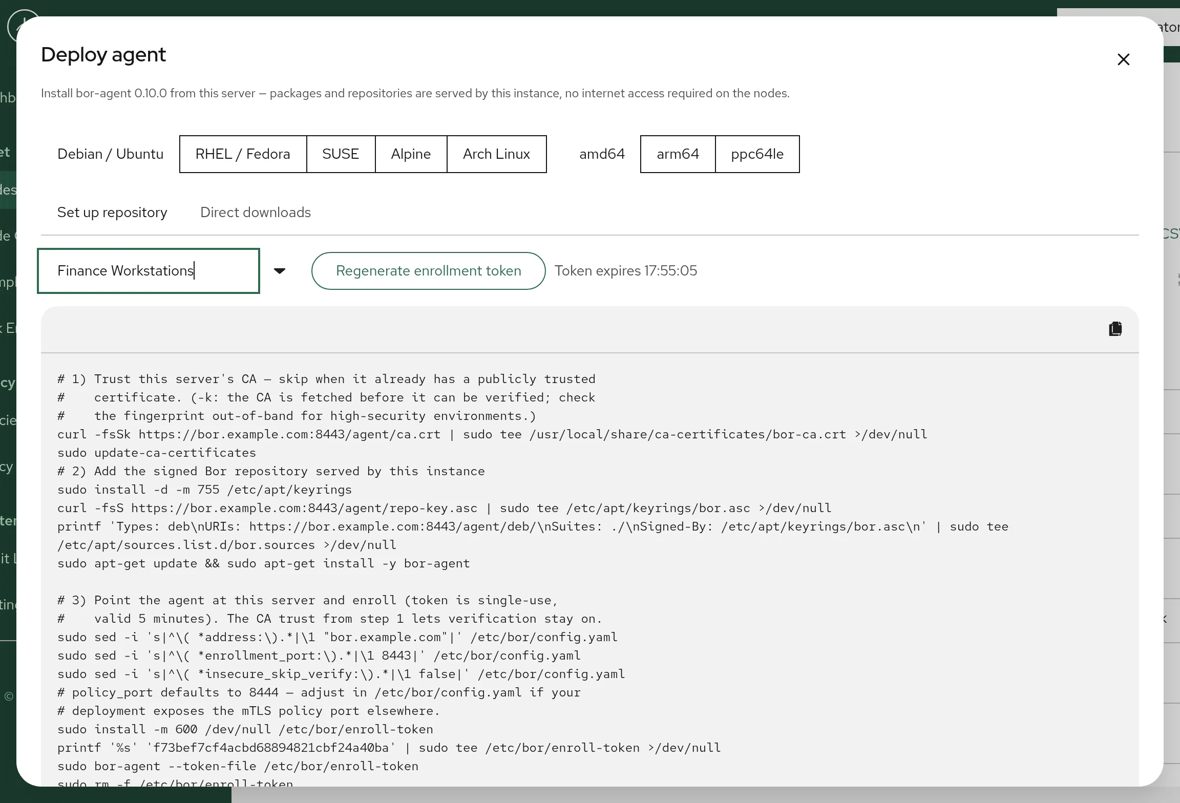 Deploy agent dialog with Debian / Ubuntu and amd64 selected, the Finance Workstations node group chosen for enrollment, and the generated install and enrollment script
