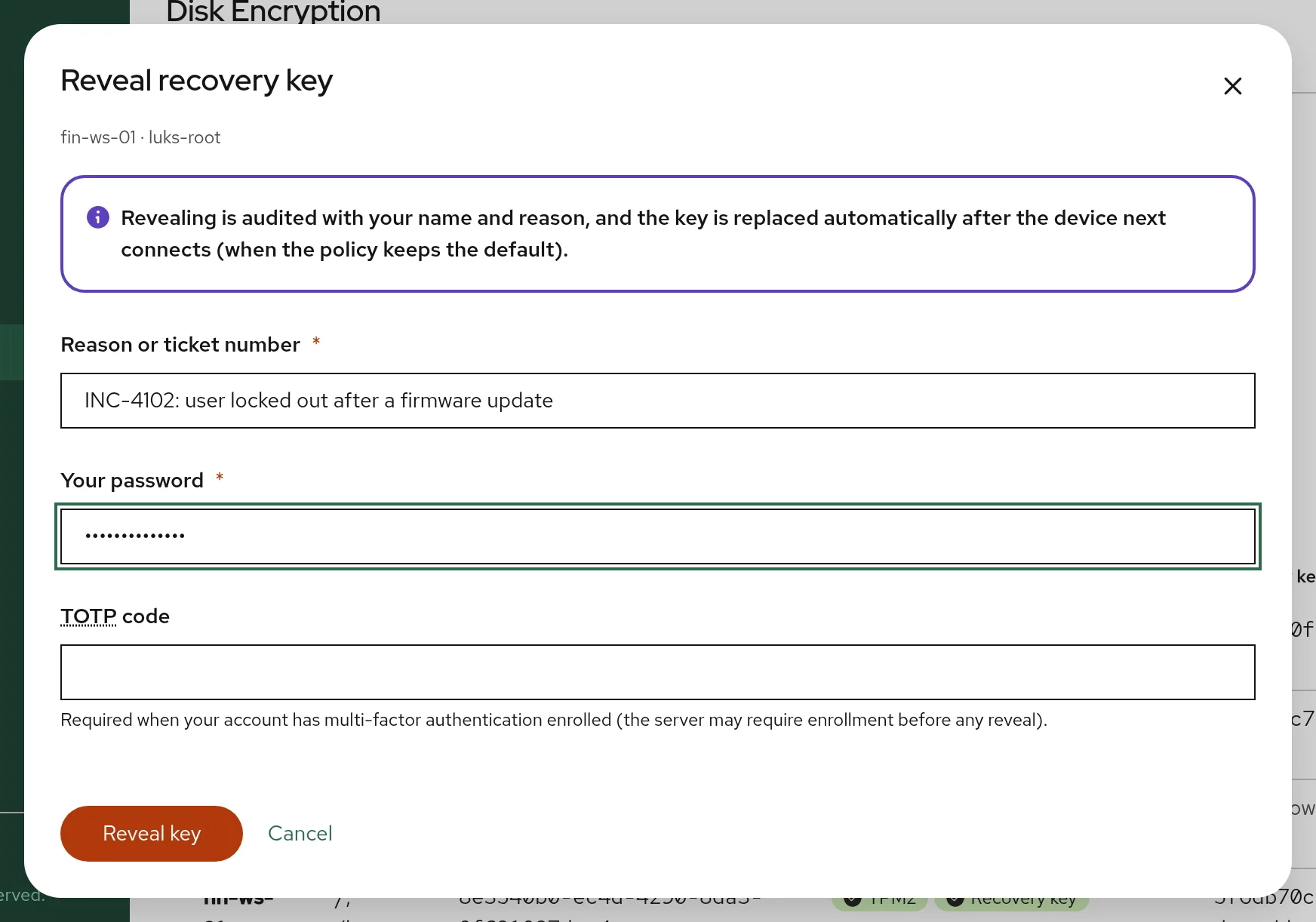 Reveal recovery key dialog for fin-ws-01 asking for a reason or ticket number, the operator's password and a TOTP code