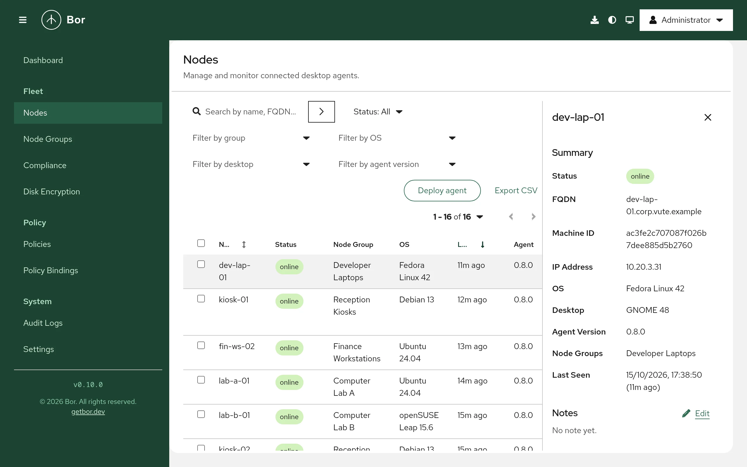 Nodes page with the details panel of dev-lap-01 open, showing status, FQDN, machine ID, IP address, OS, desktop, agent version, node groups and last seen time