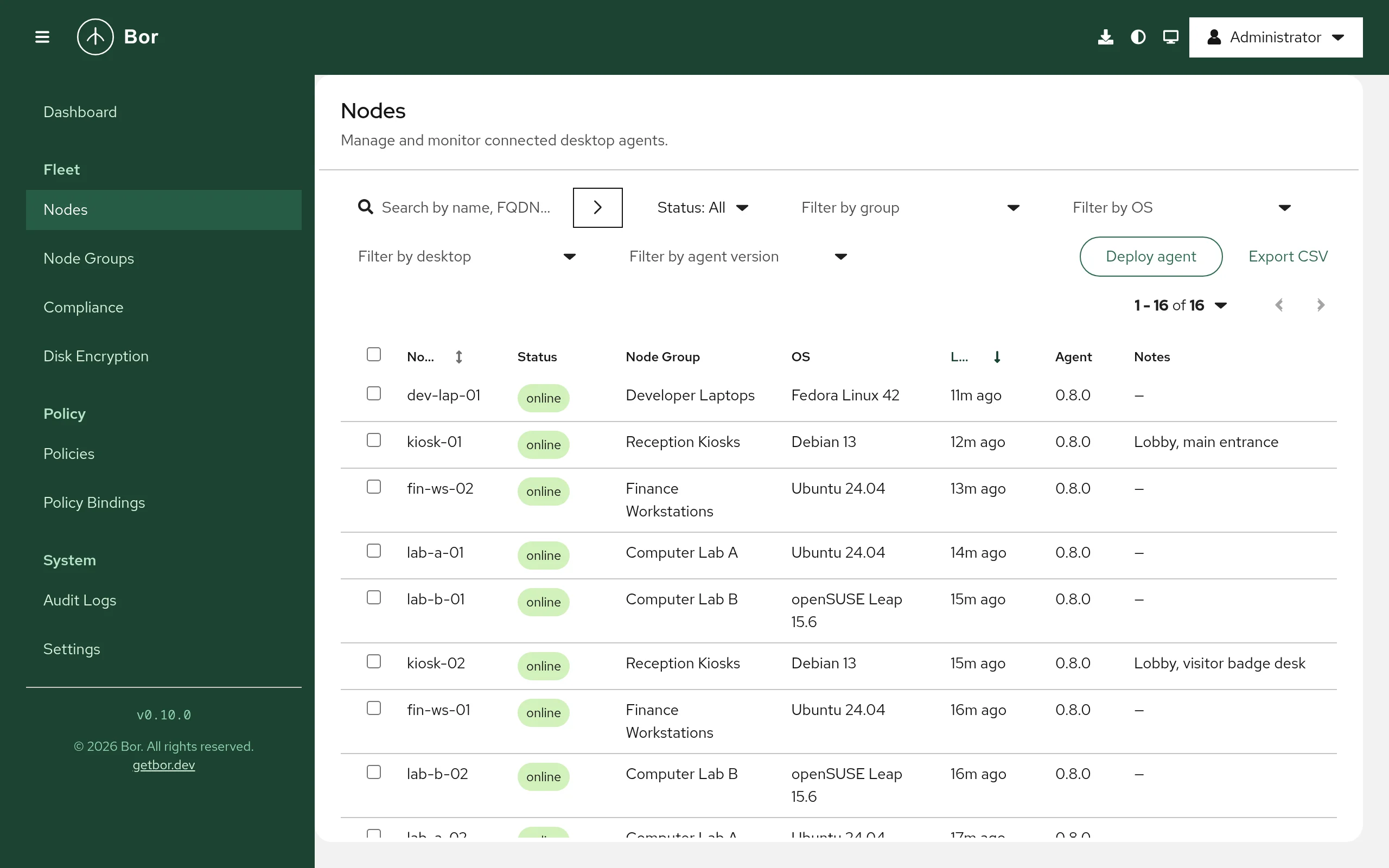 Nodes page listing enrolled nodes with status, node group, operating system, last seen time, agent version and notes