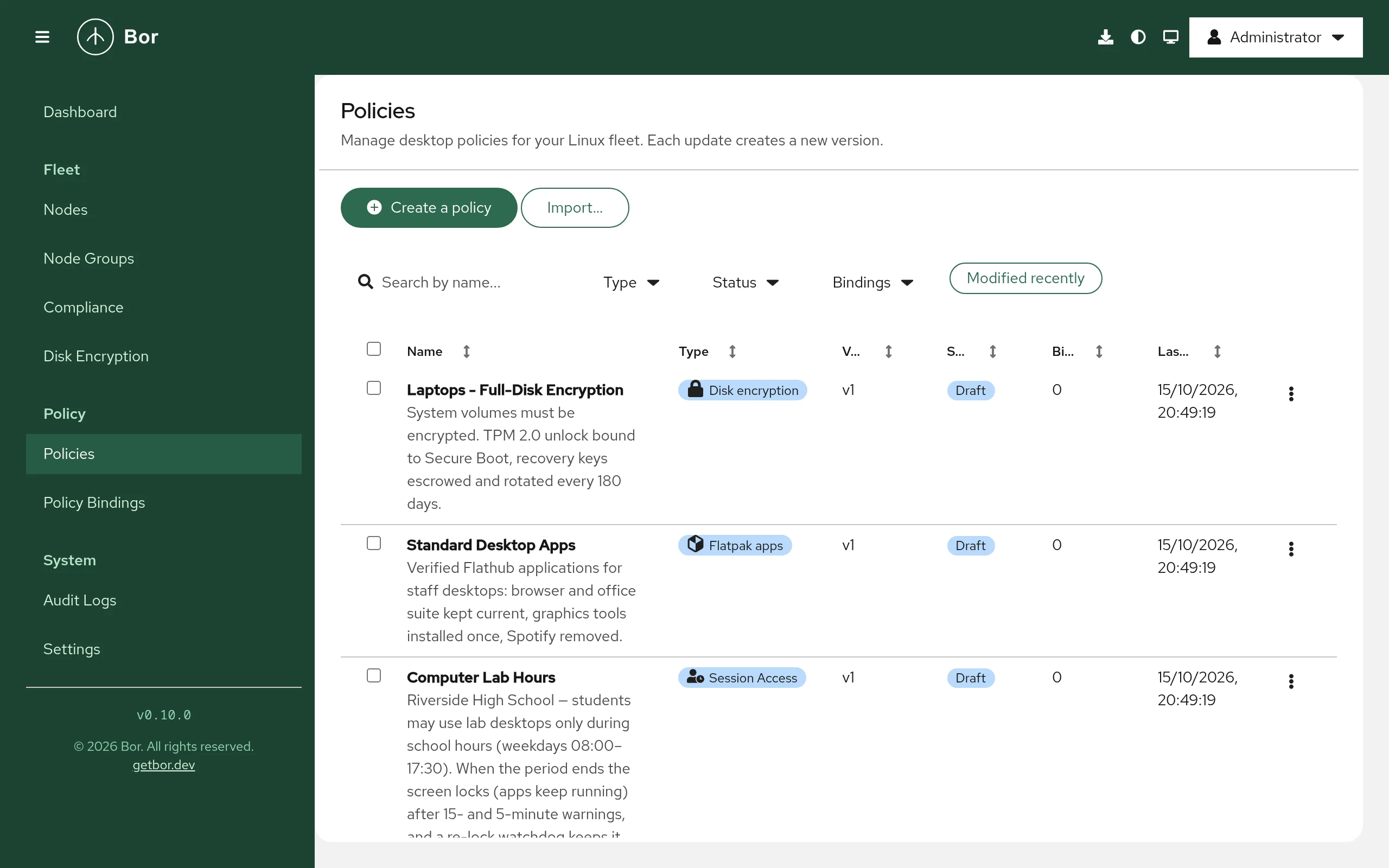 Policies page with the Create a policy and Import buttons, filters for type, status and bindings, and policies with their type, version, status and binding count