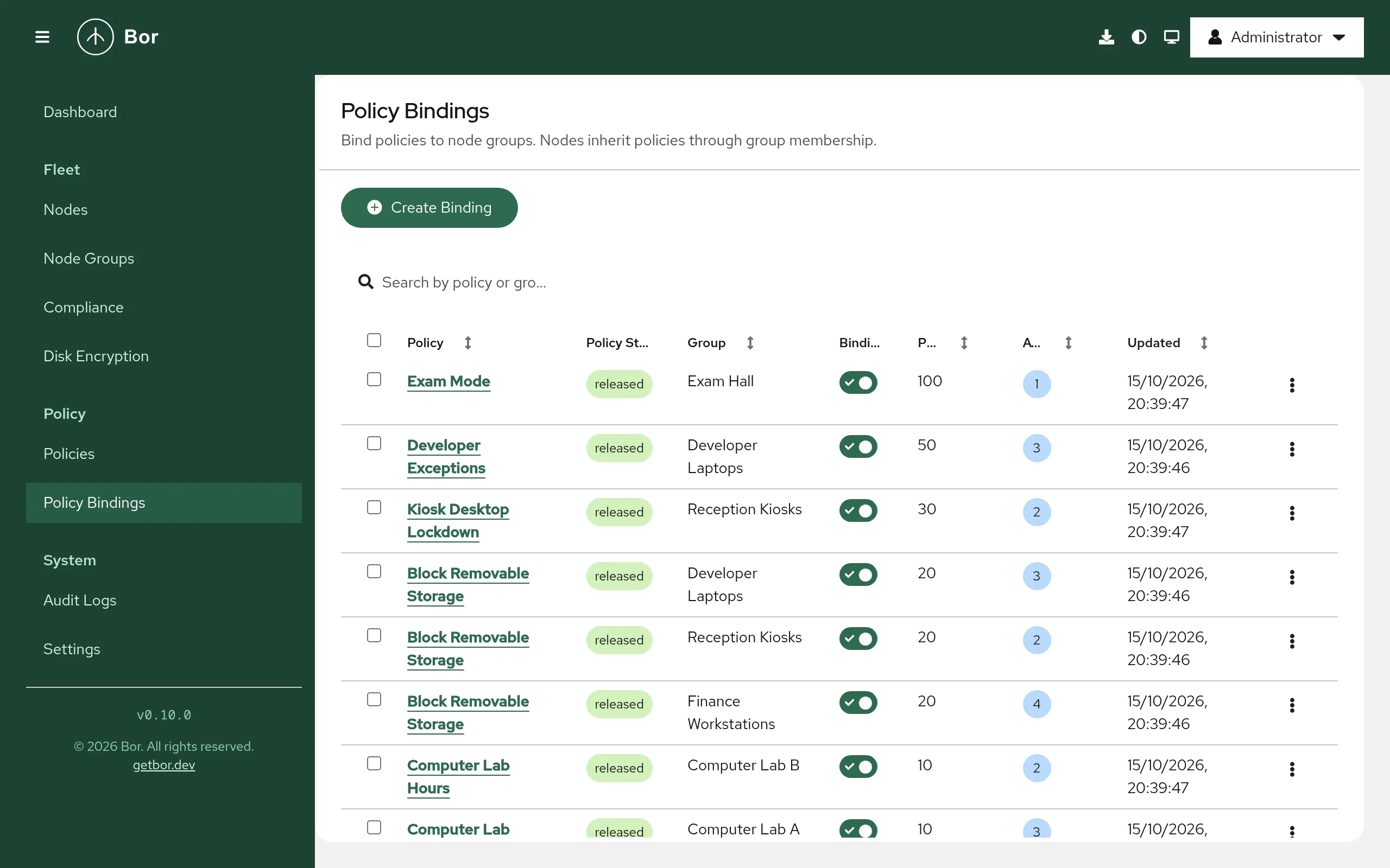 Policy Bindings page listing each policy, its state, the node group, the enabled switch, the priority, the number of affected nodes and the last update