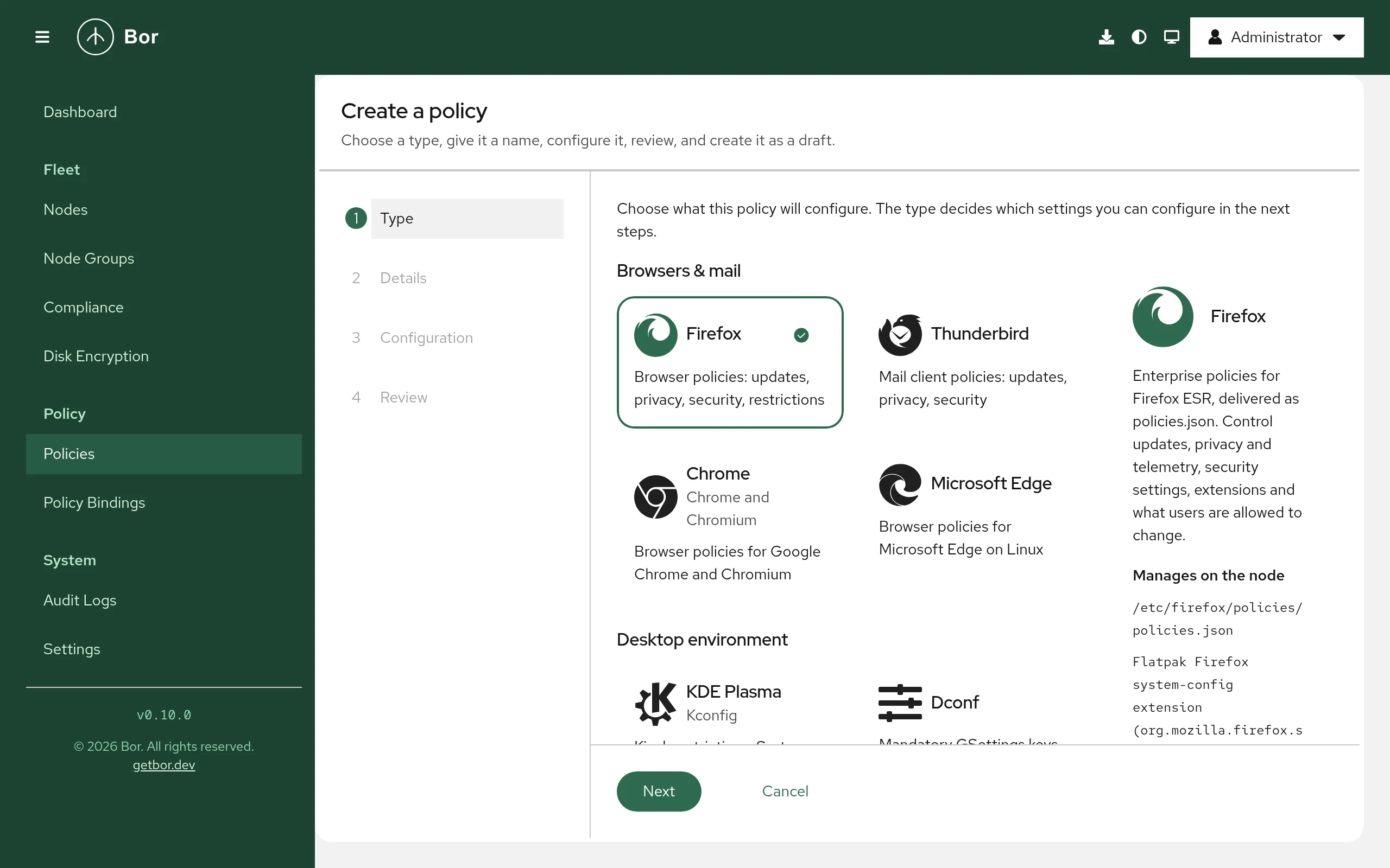 Create a policy wizard on the Type step, with the Firefox tile selected and a description panel showing what the type manages on the node