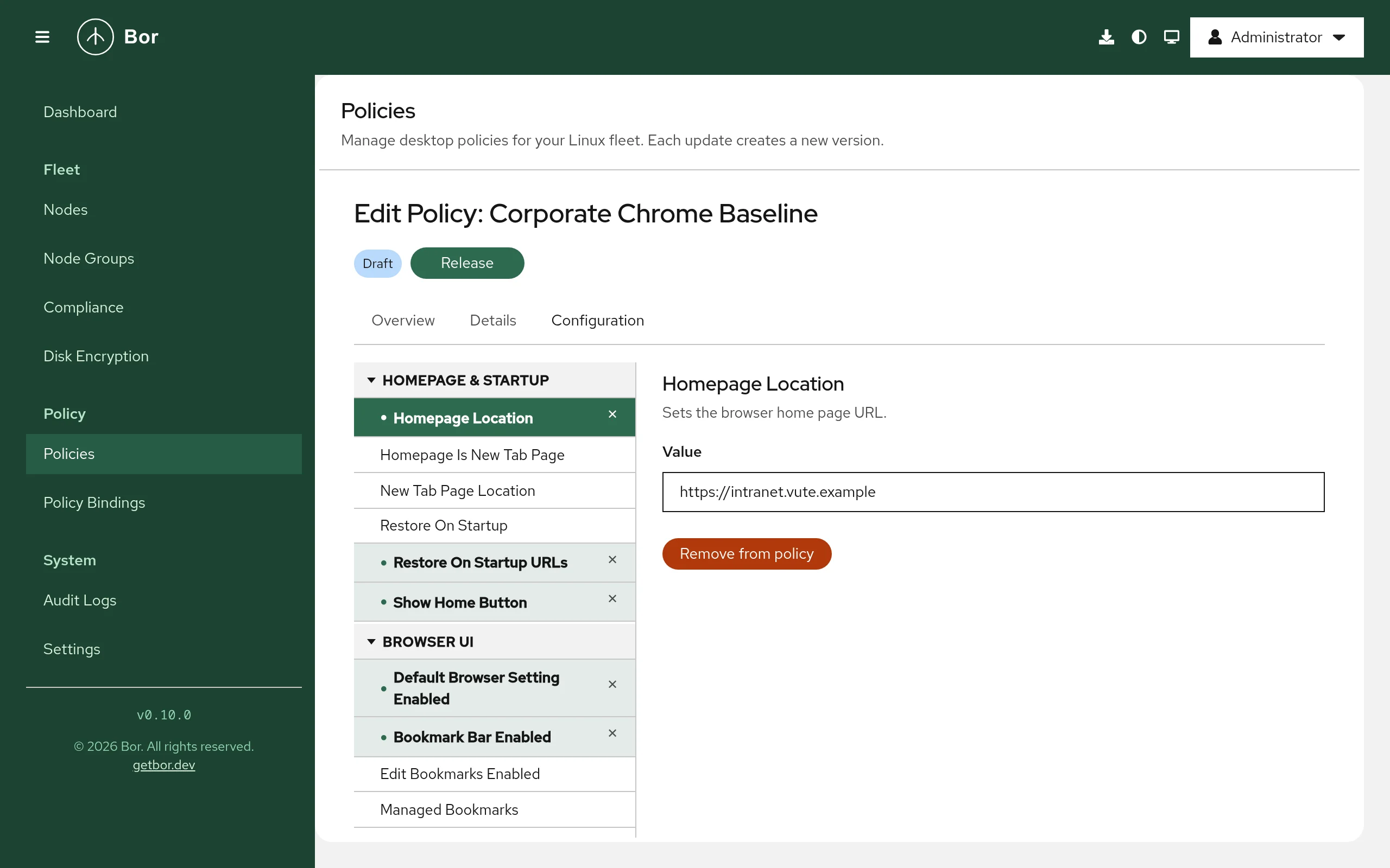 Chrome policy editor with Homepage Location set under Homepage & Startup
