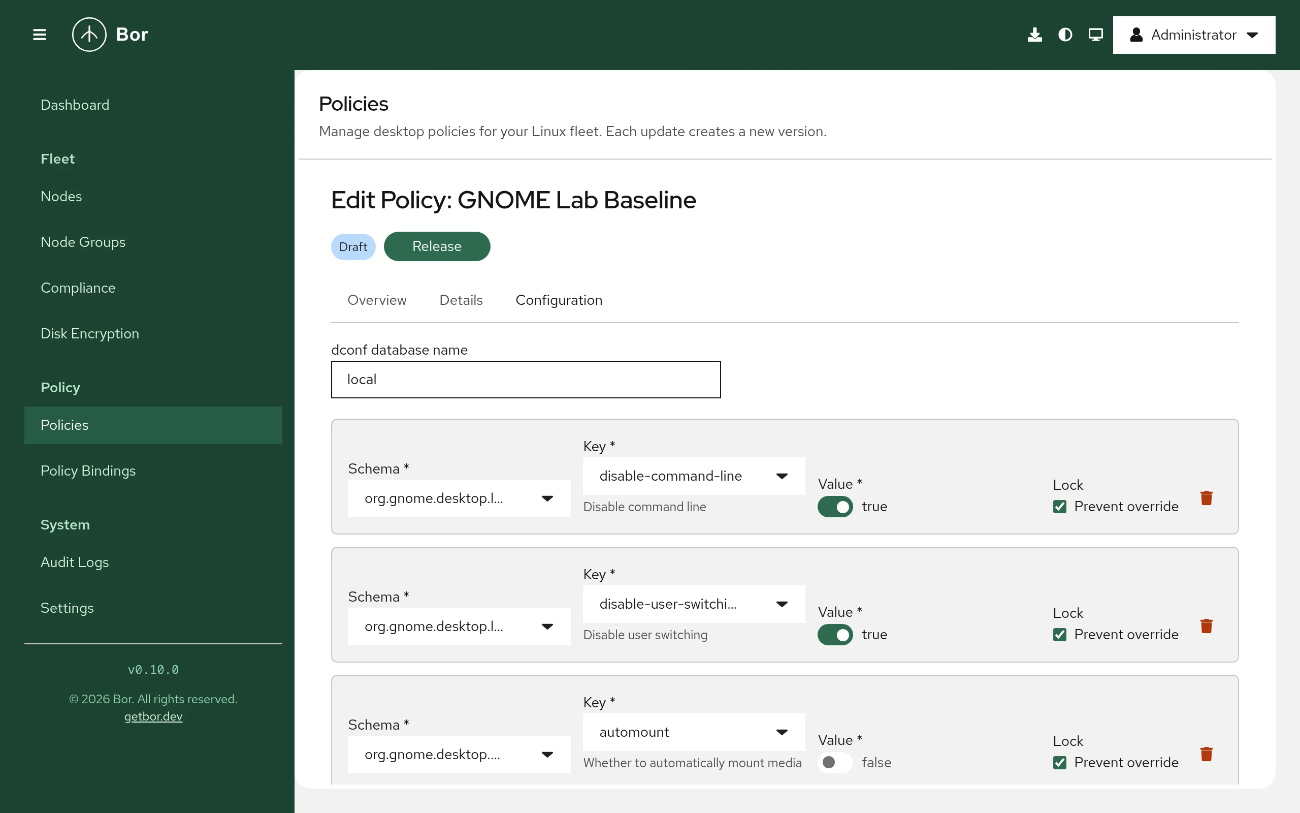 Dconf policy editor: settings rows with schema, key, value and a Prevent override lock