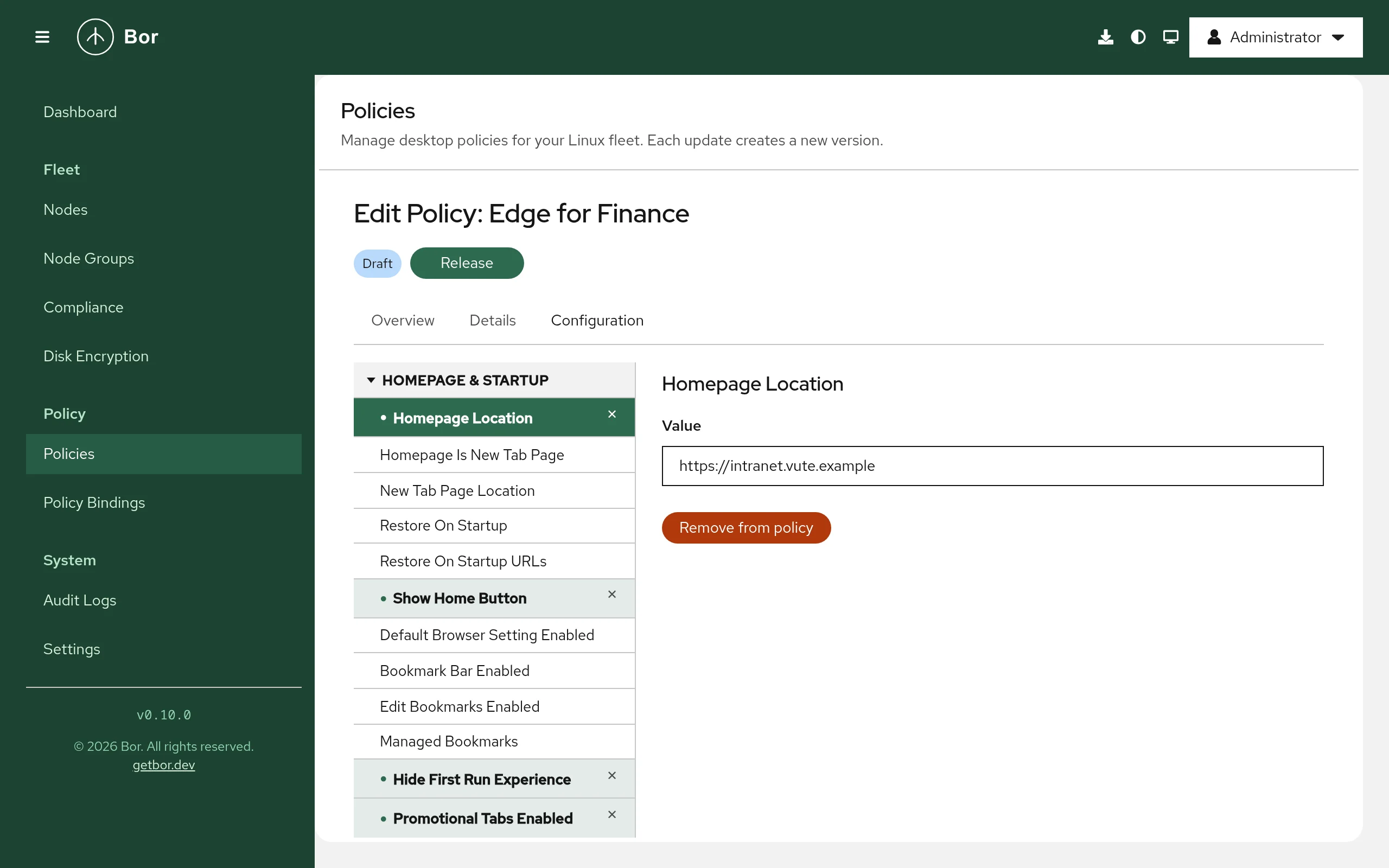 Microsoft Edge policy editor with Homepage Location set under Homepage & Startup