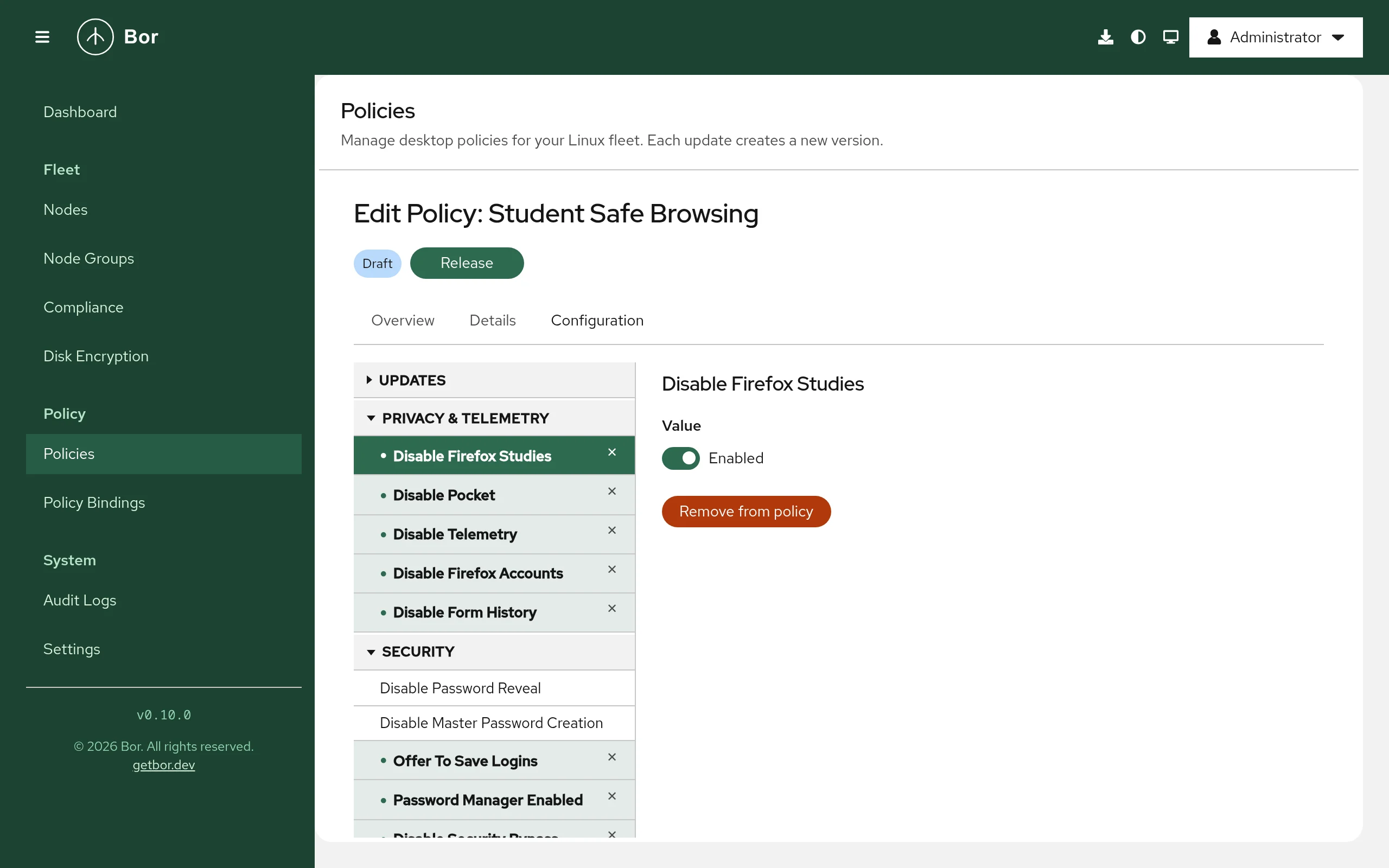 Firefox policy editor with the Privacy & Telemetry category expanded and Disable Firefox Studies enabled