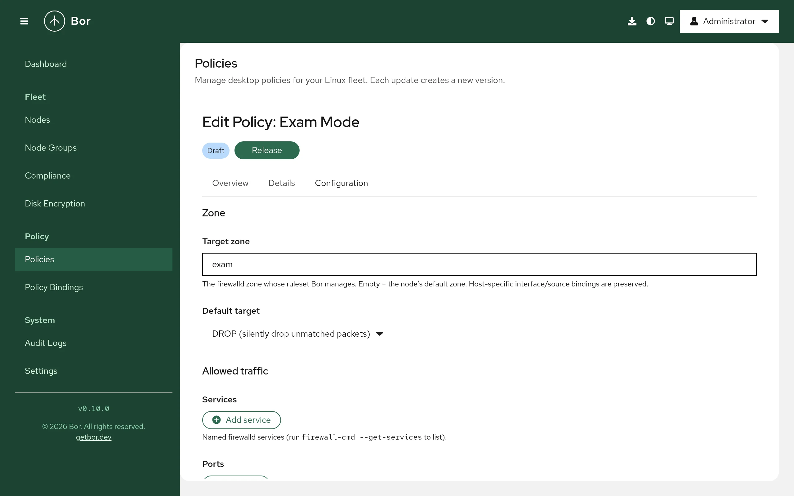 Firewall policy editor with the target zone, default target DROP and the allowed services section