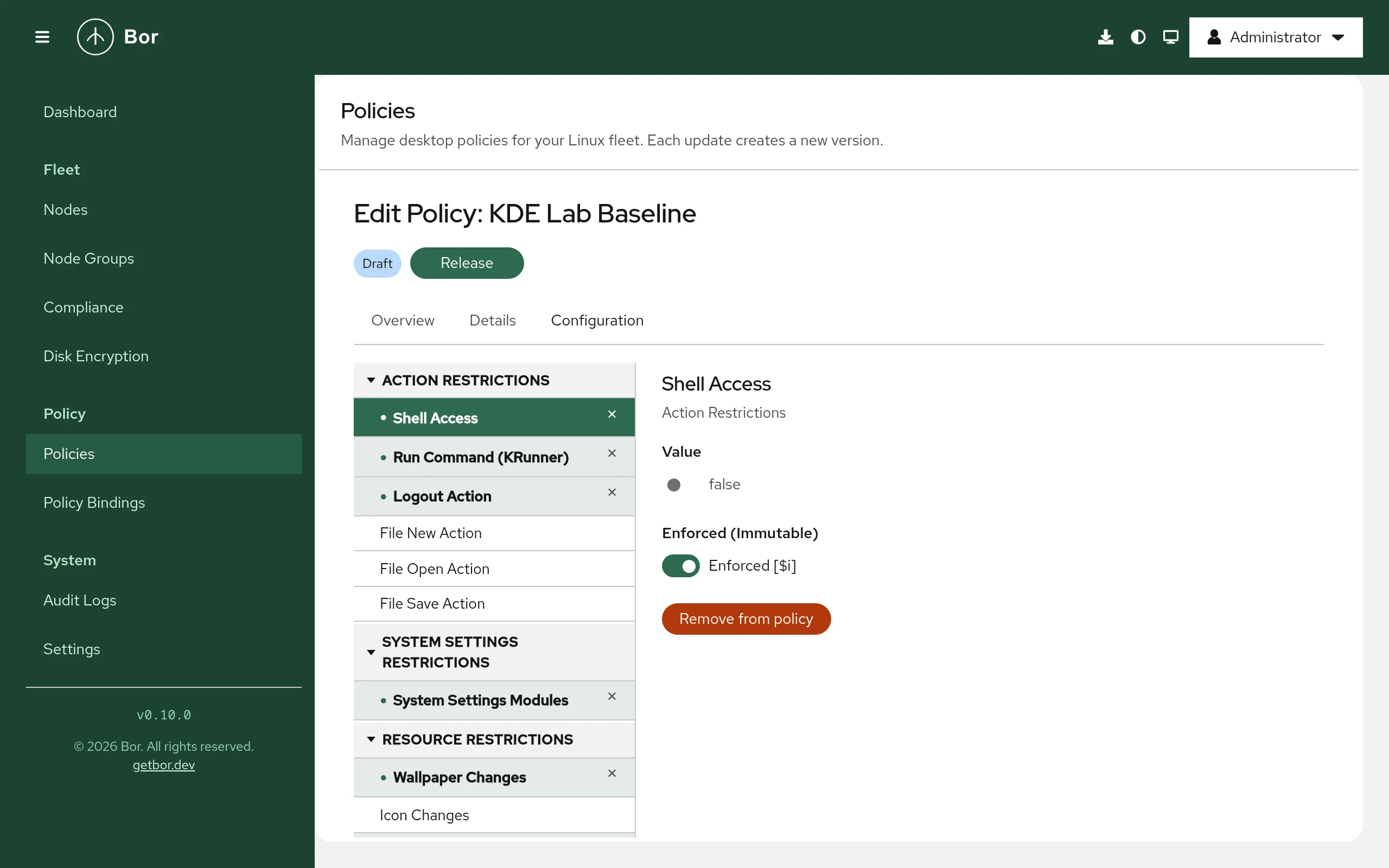 KDE Plasma policy editor: Action Restrictions with Shell Access disabled and enforced (immutable)