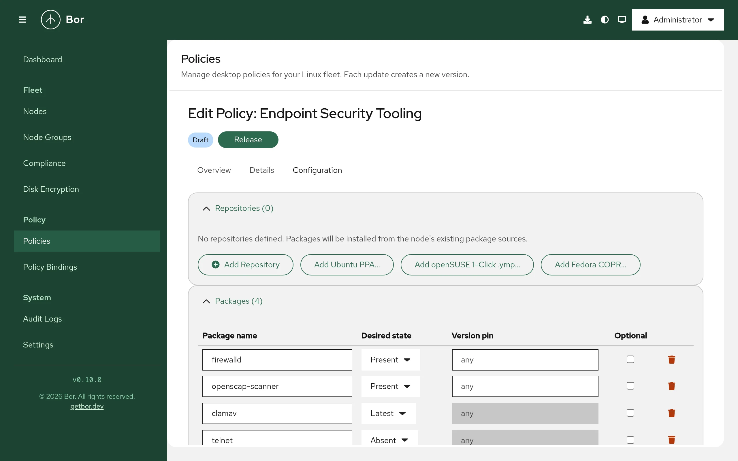 Package policy editor with the repository import buttons (repository, Ubuntu PPA, openSUSE 1-Click, Fedora COPR) and packages with desired state and version pin