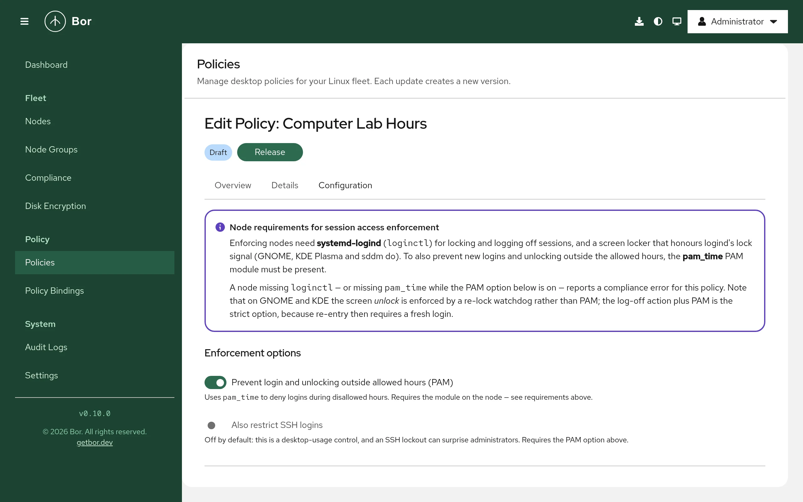 Session Access policy editor with the node requirements notice and the PAM enforcement options