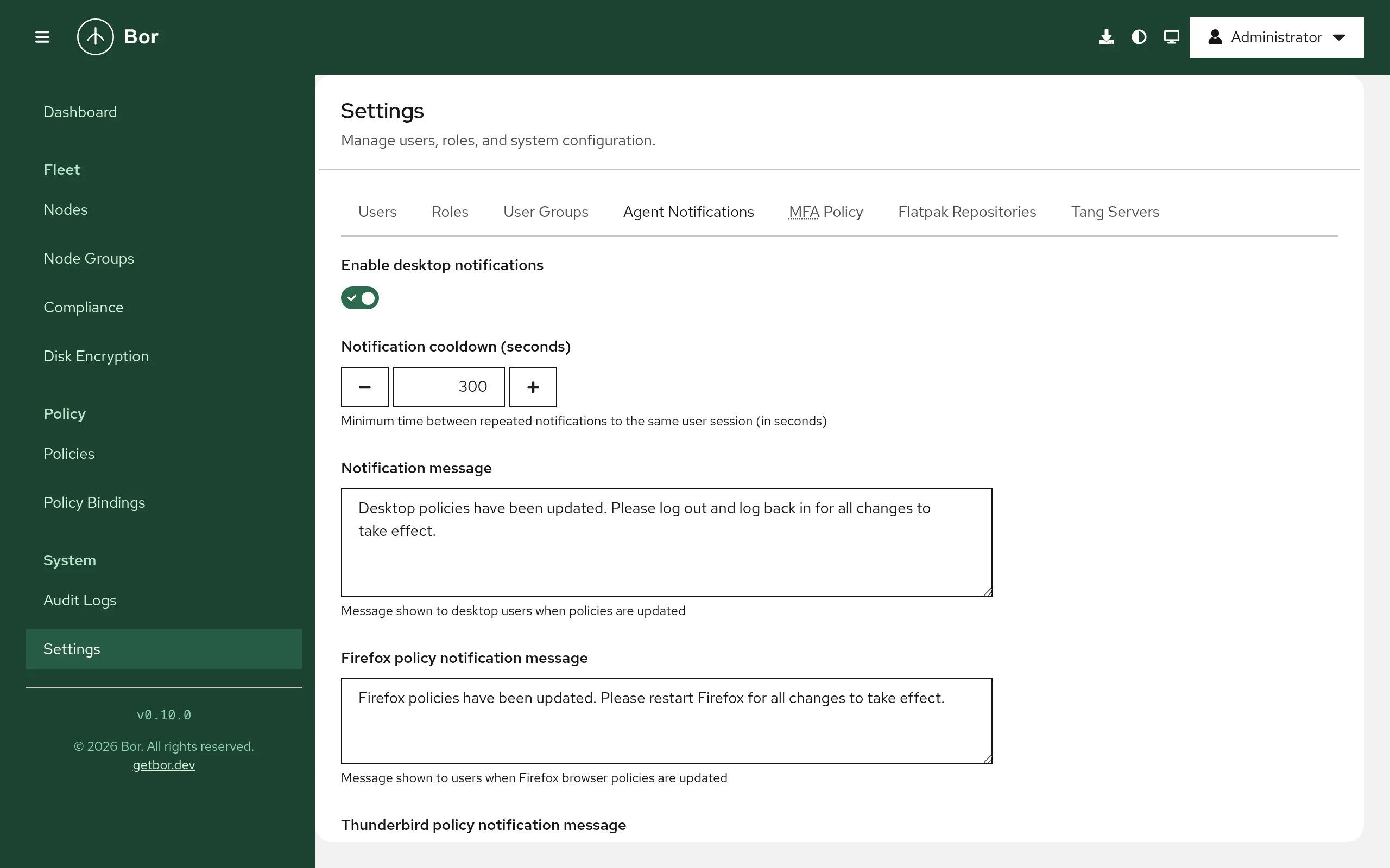 Settings, Agent Notifications tab: desktop notifications switch, cooldown in seconds and the notification messages