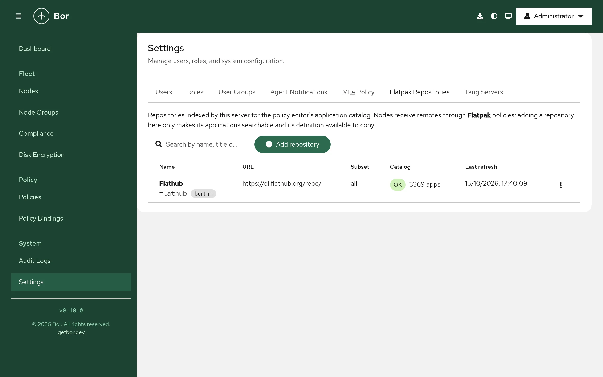 Settings, Flatpak Repositories tab showing the built-in Flathub repository with its catalog status and number of indexed apps