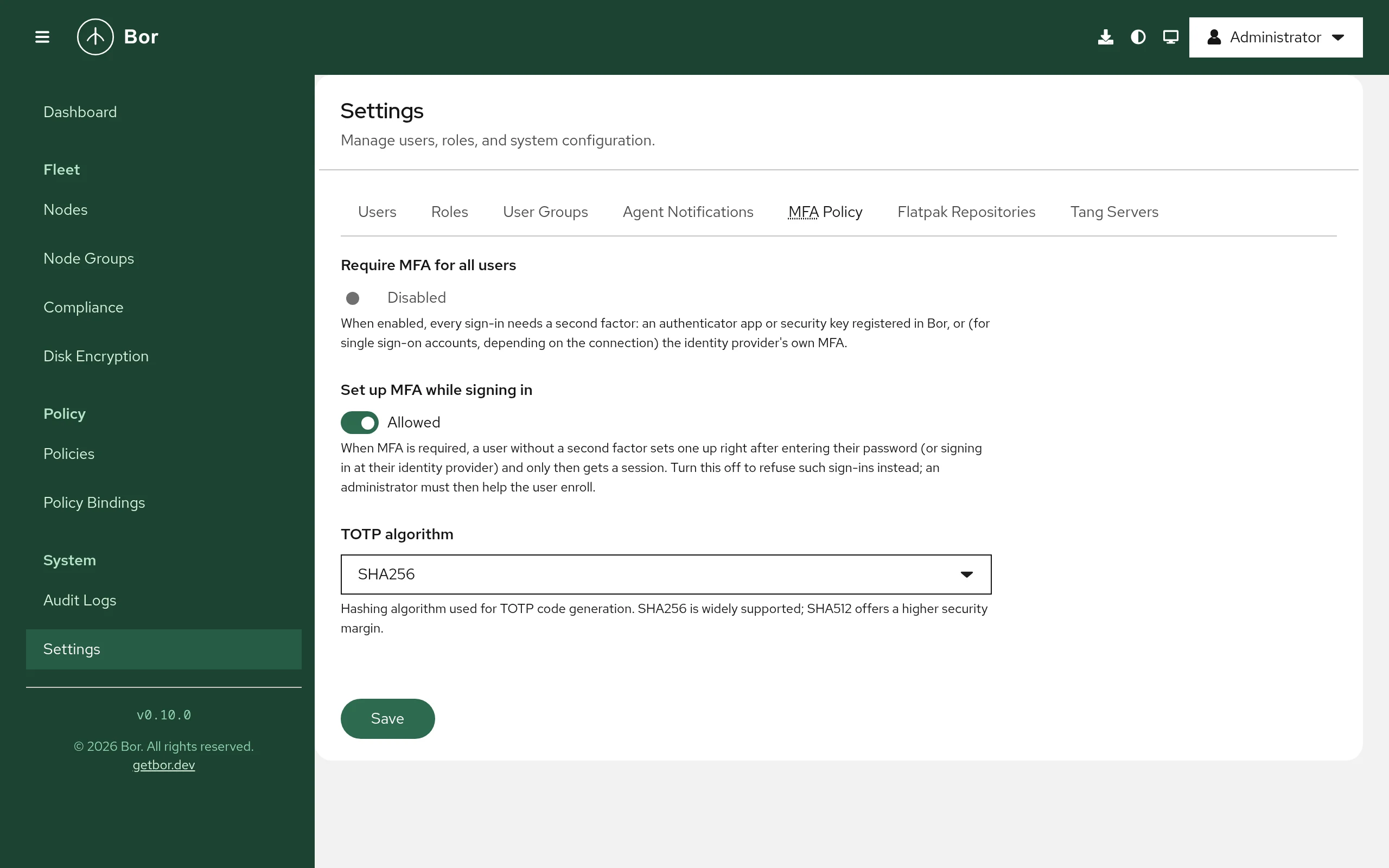 Settings, MFA Policy tab with the Require MFA for all users and Set up MFA while signing in options