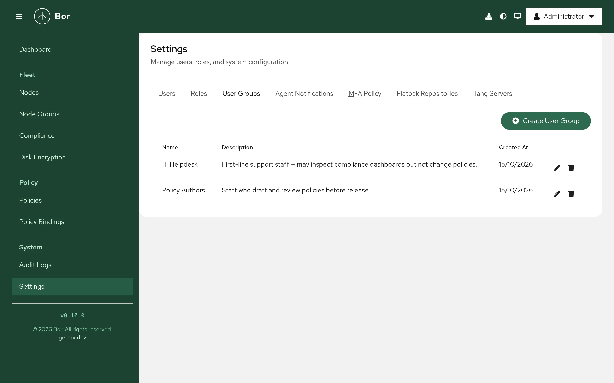 Settings, User Groups tab listing two groups with their descriptions