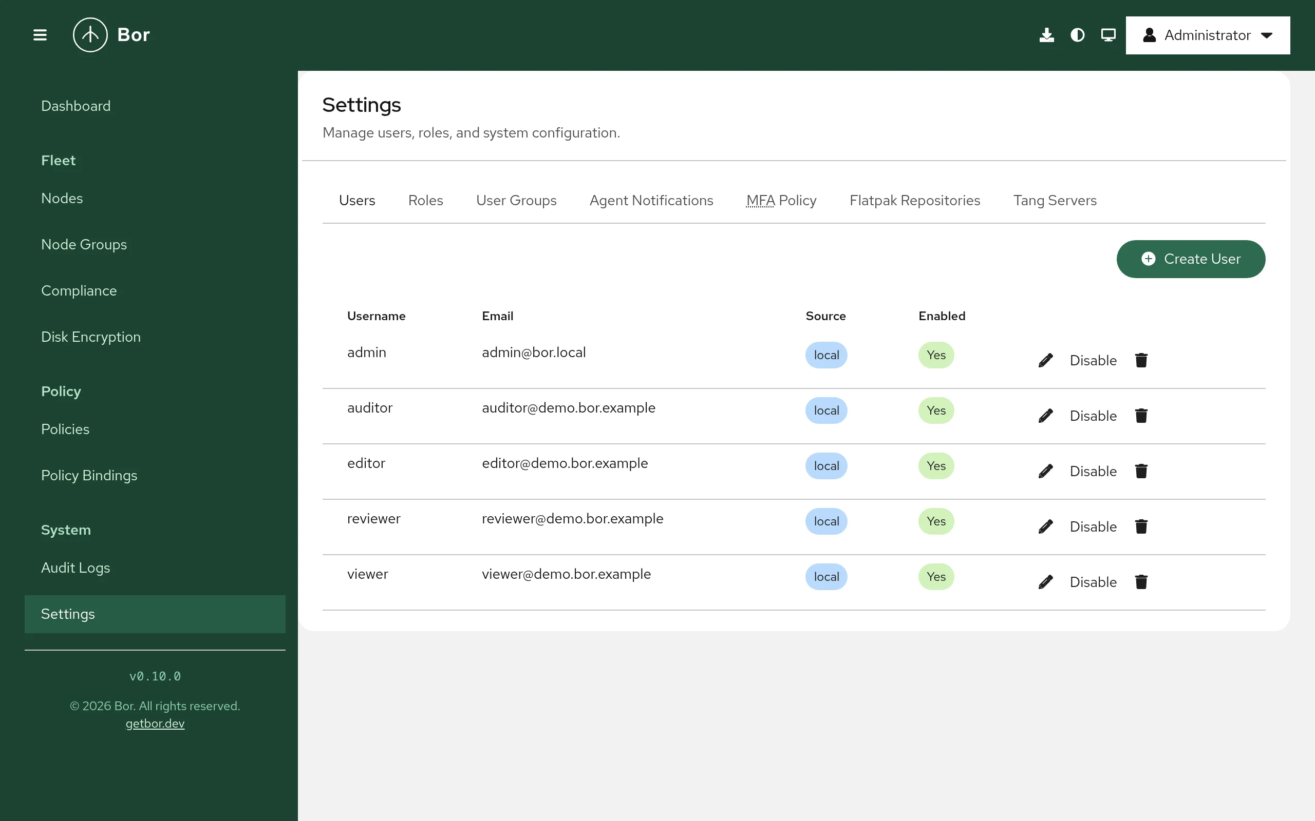 Settings, Users tab: local accounts with username, email, source, enabled state and edit, disable and delete actions